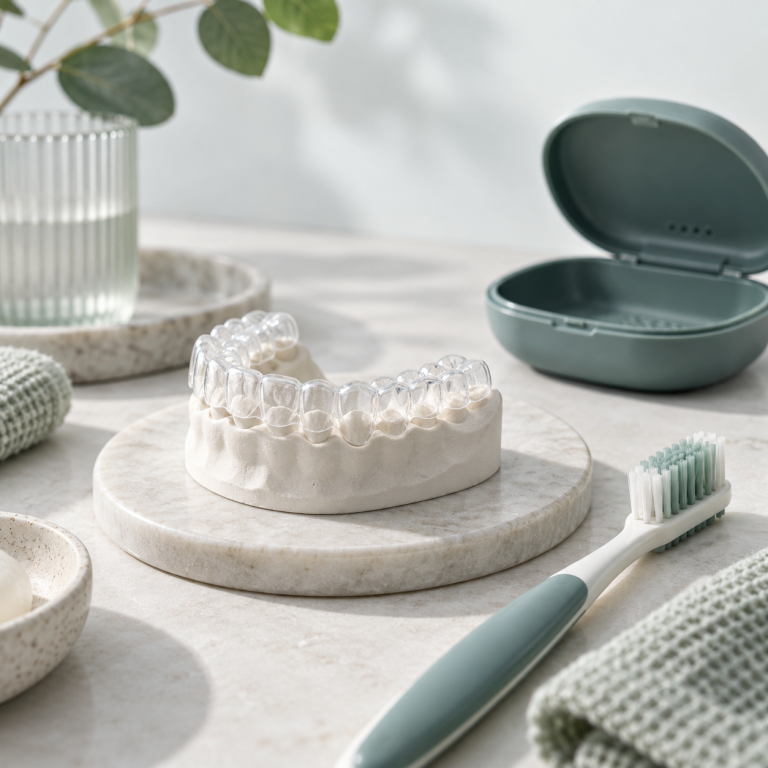 Modèle dentaire, gouttière et brosse illustrant orthodontie, hygiène et suivi.